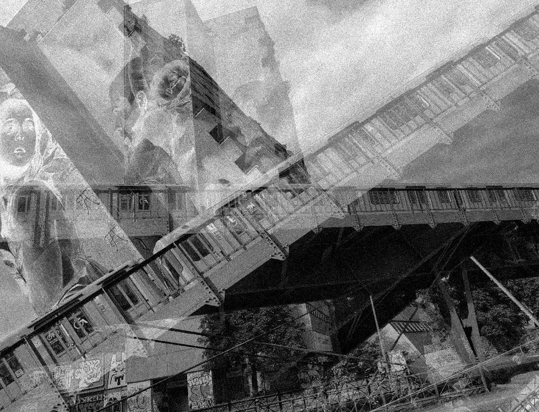 A montage of black and white photographs of Berlin's details. We go towards an abstraction that seeks a sensation of urban tear, of ashes and wandering, made of concrete, crows, passages, graffiti.