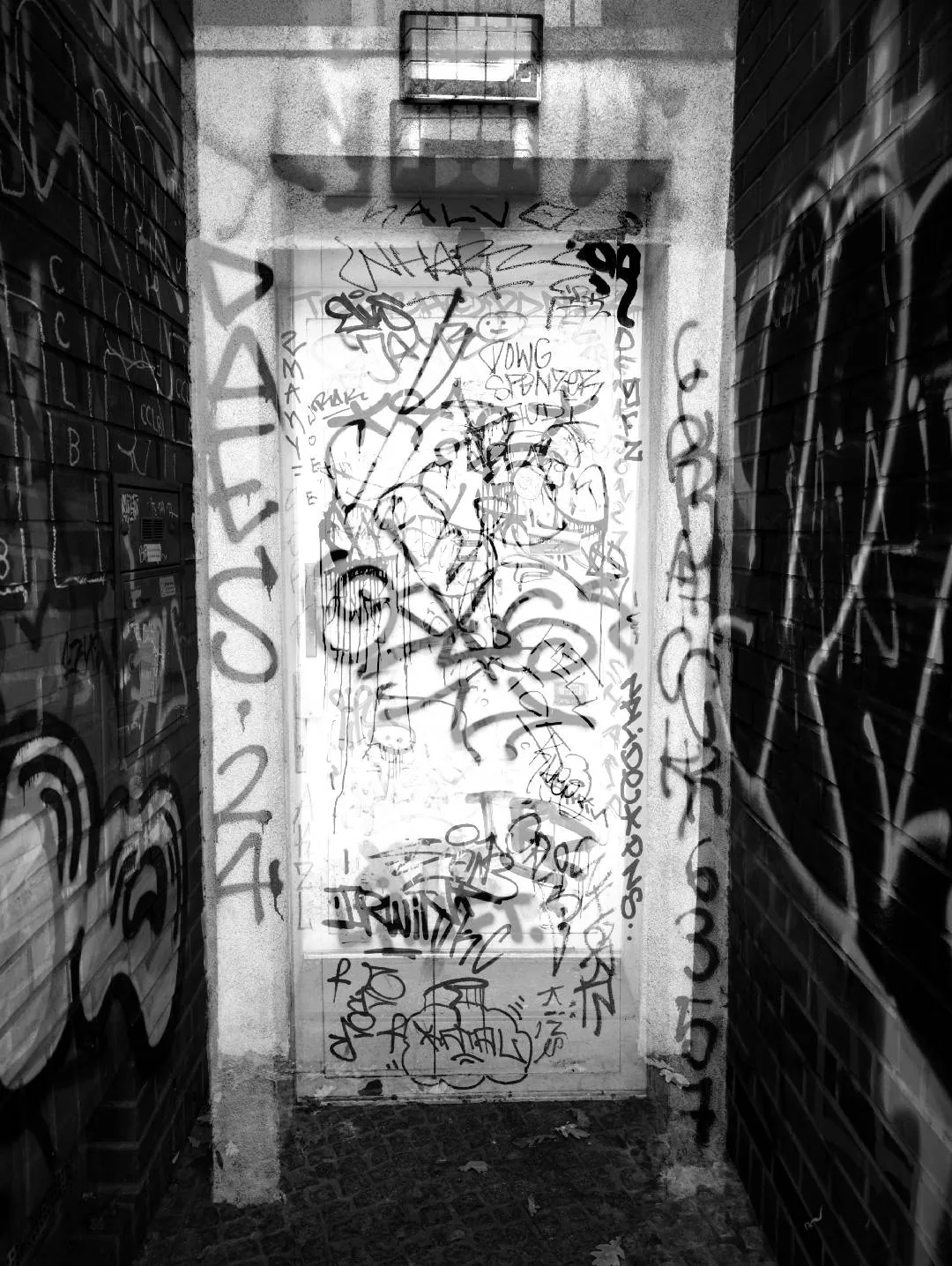 A montage of black and white photographs of Berlin's details. We go towards an abstraction that seeks a sensation of urban tear, of ashes and wandering, made of concrete, crows, passages, graffiti.